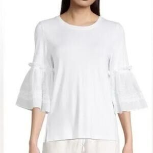Chicos M Ruffle Bell Sleeve Top White Crewneck 3/4 Sleeve Cotton Blend Boxy